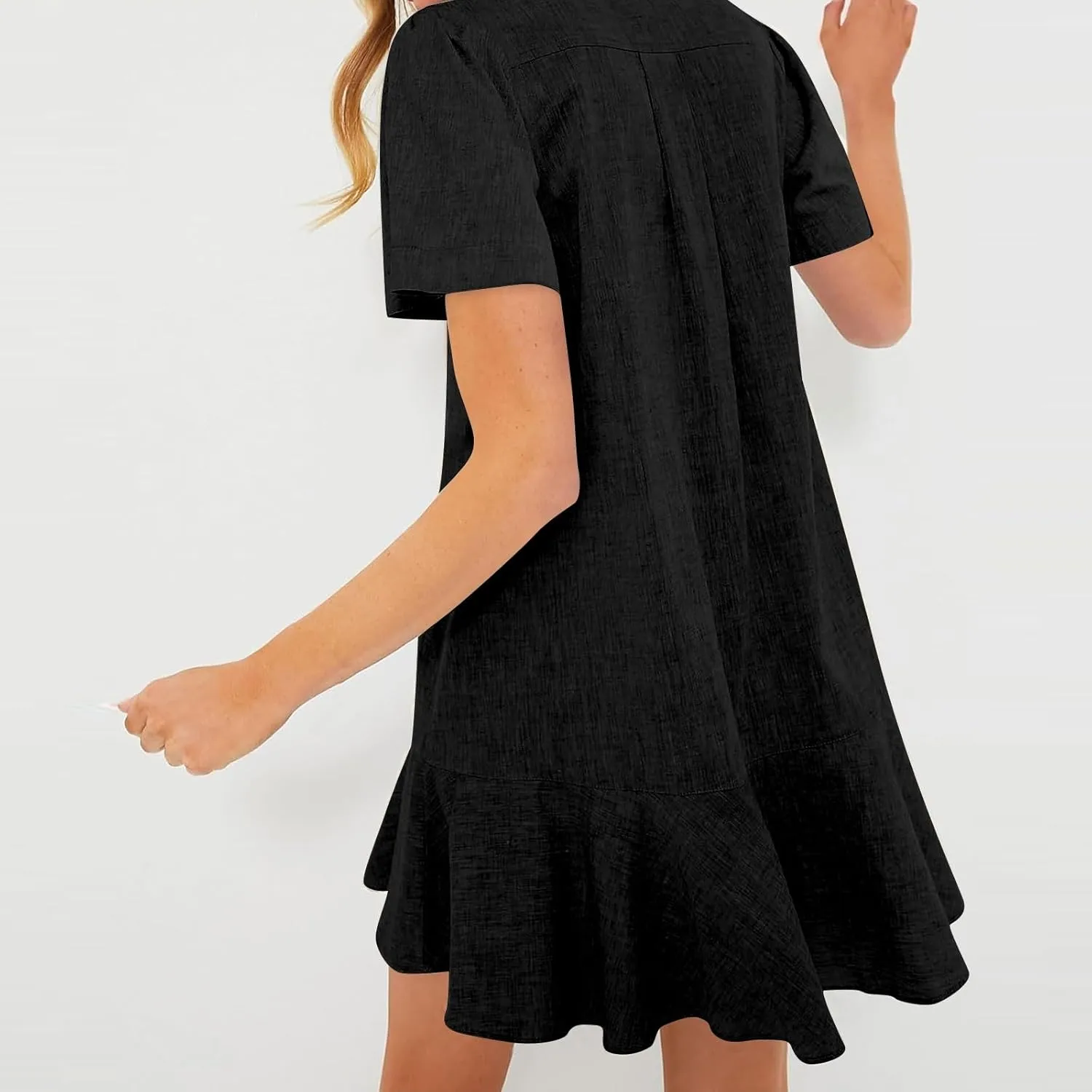 Work Dresses for Women 2025 Button Down Shirt Dress Short Sleeve Cotton Linen Ruffle Shift Mini Dresses