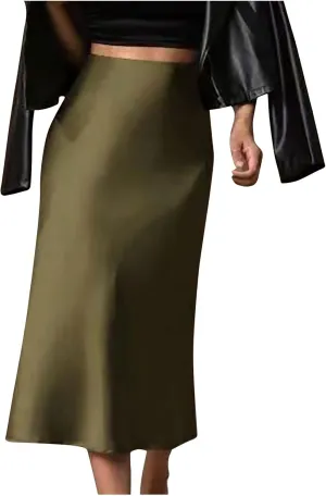 Xiaojmake Satin Skirts for Women Trendy High Waisted Waistband Flared Casual A Line Midi Skirt Zipper Elegant Work Skirts