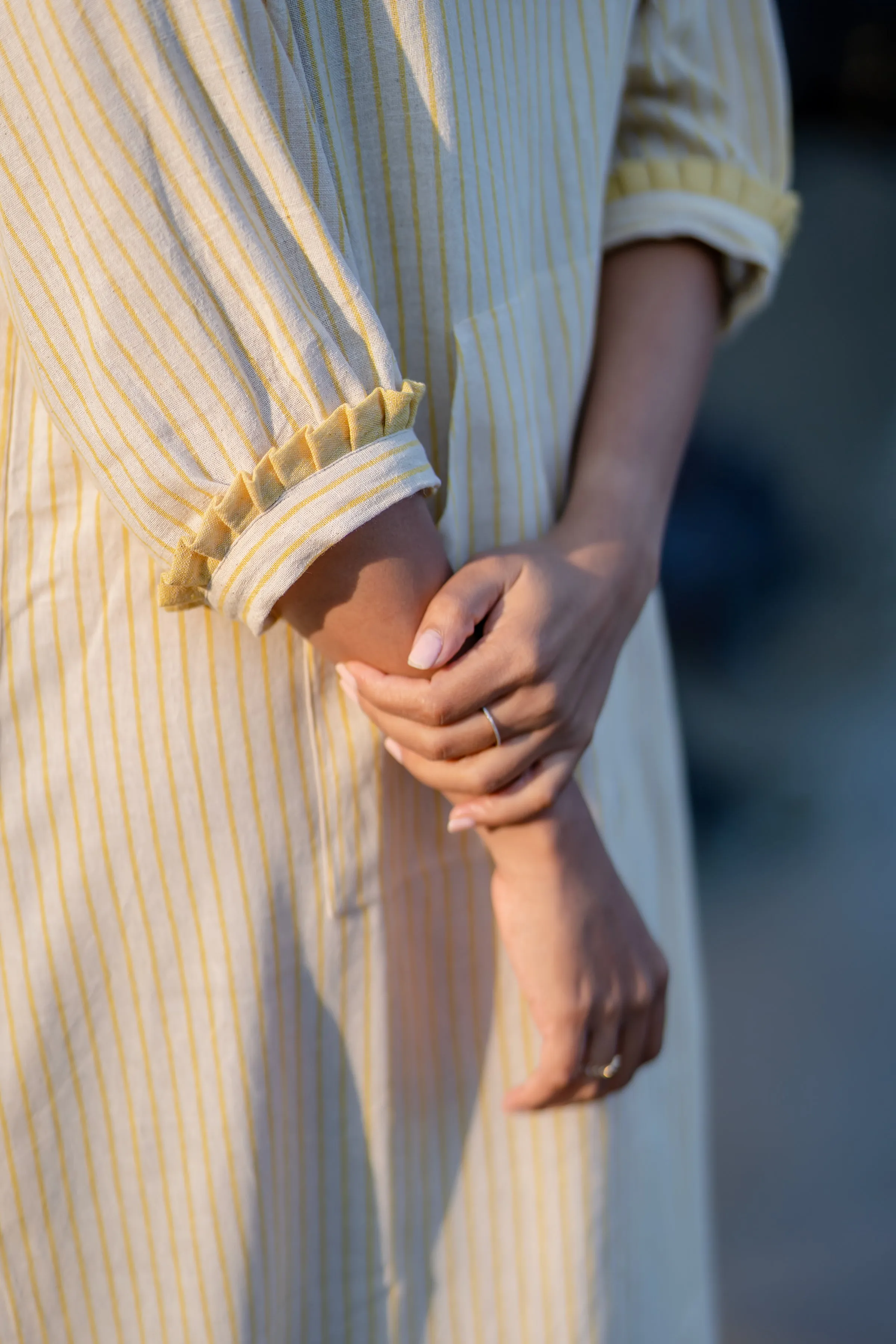 Yellow Striped Frilled Sleeve Dress