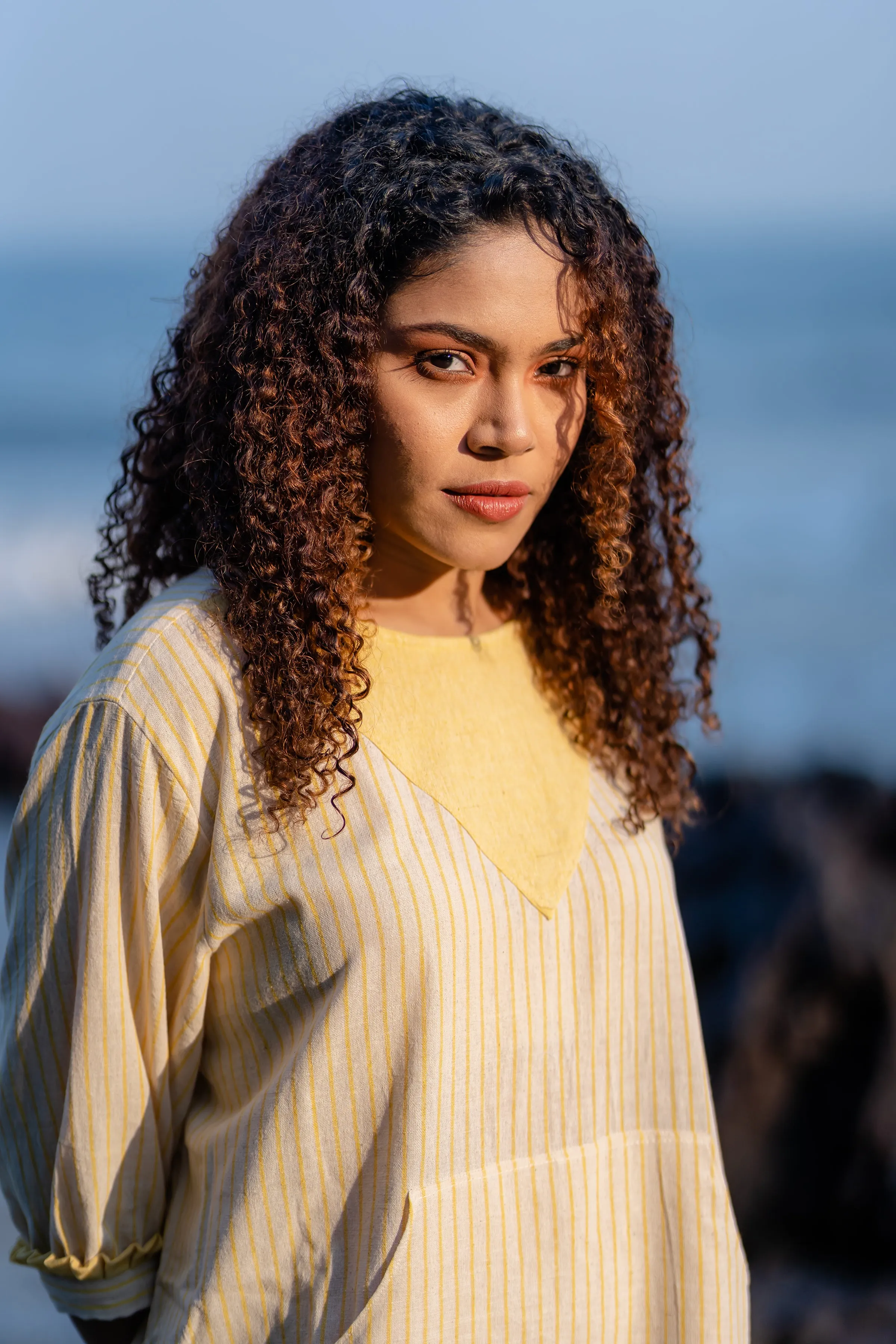 Yellow Striped Frilled Sleeve Dress