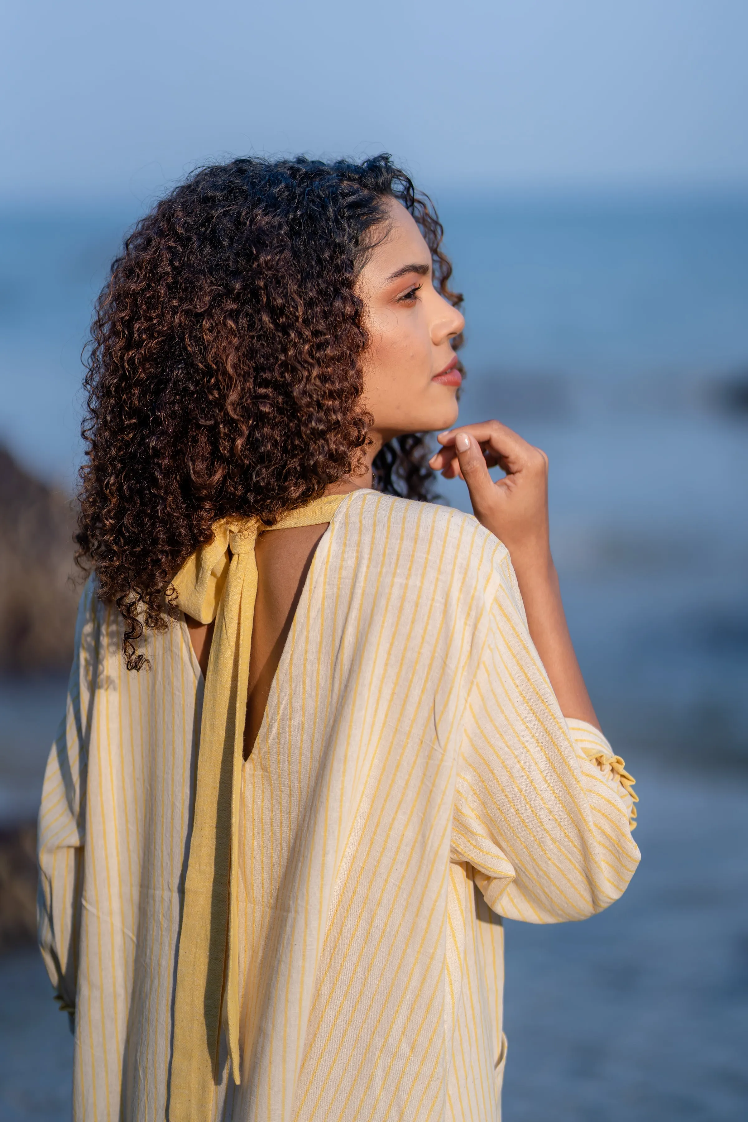 Yellow Striped Frilled Sleeve Dress