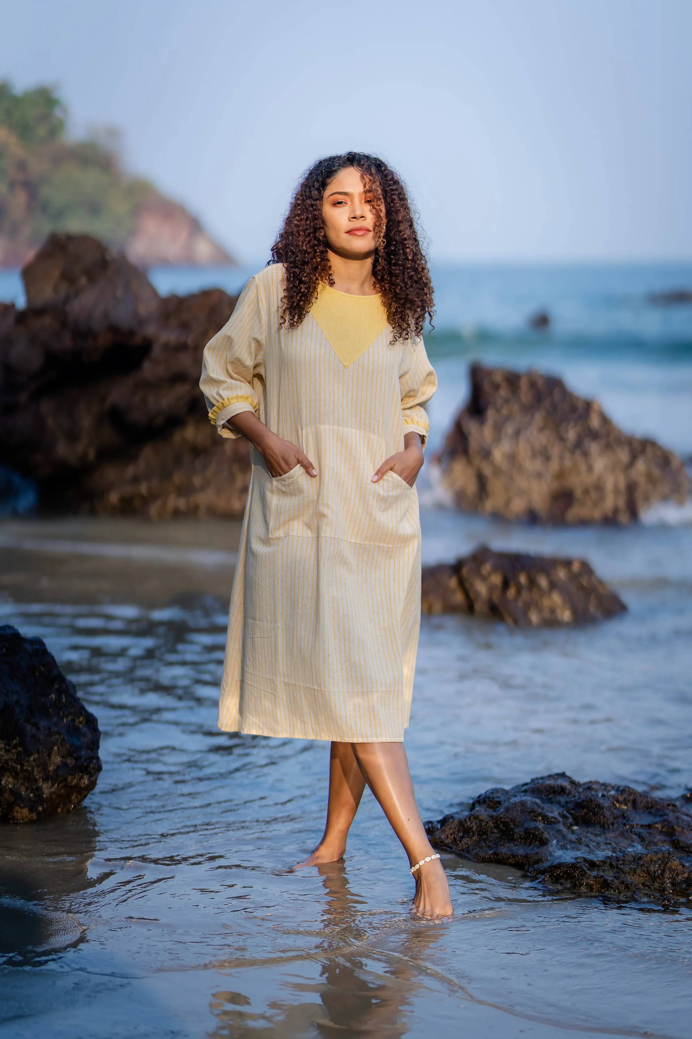 Yellow Striped Frilled Sleeve Dress