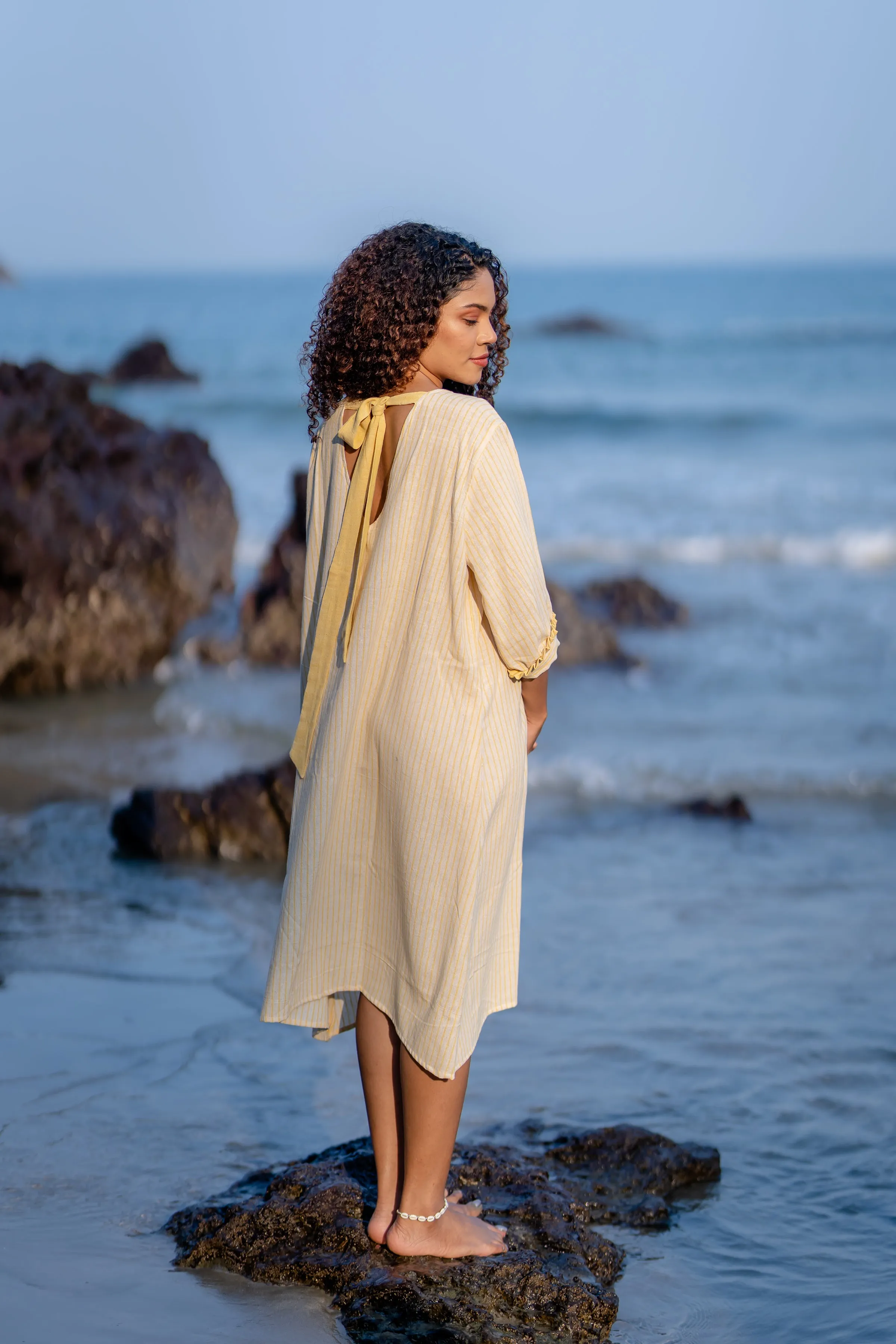 Yellow Striped Frilled Sleeve Dress