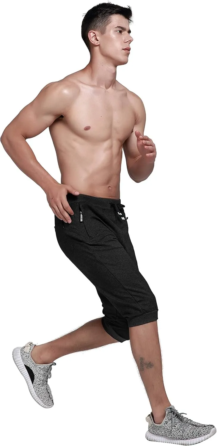 YSENTO Men's Cotton Casual 3/4 Jogger Running Capri Pants Below Knee Gym Workout Shorts Zipper Pockets