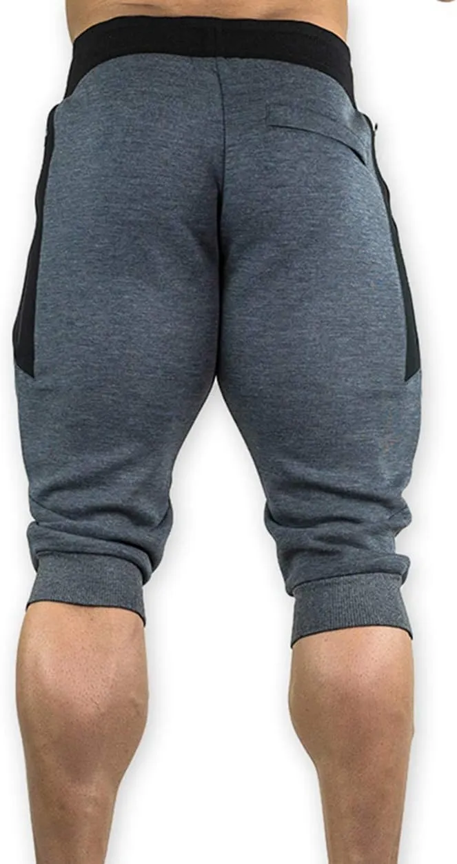 YSENTO Men's Cotton Casual 3/4 Jogger Running Capri Pants Below Knee Gym Workout Shorts Zipper Pockets