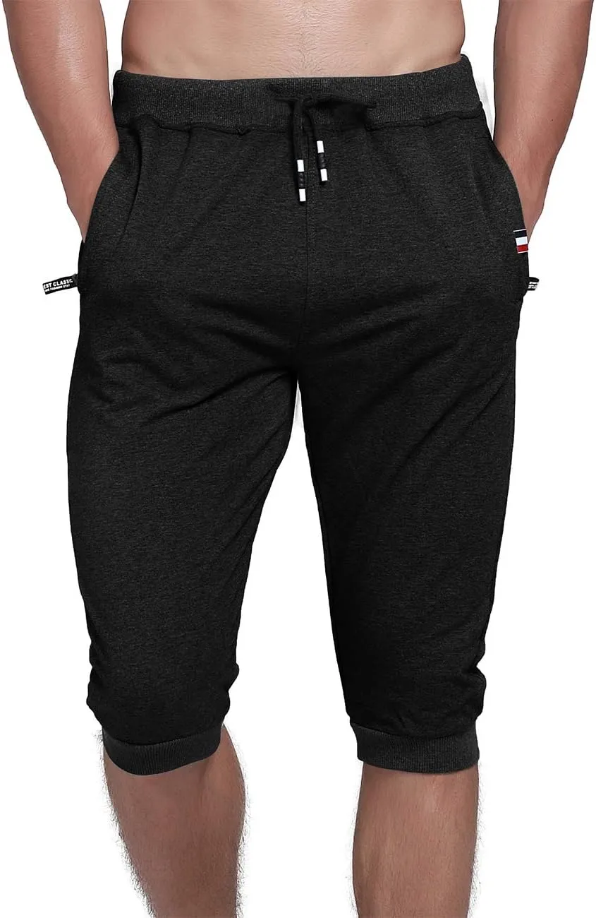 YSENTO Men's Cotton Casual 3/4 Jogger Running Capri Pants Below Knee Gym Workout Shorts Zipper Pockets