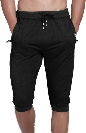 YSENTO Men's Cotton Casual 3/4 Jogger Running Capri Pants Below Knee Gym Workout Shorts Zipper Pockets
