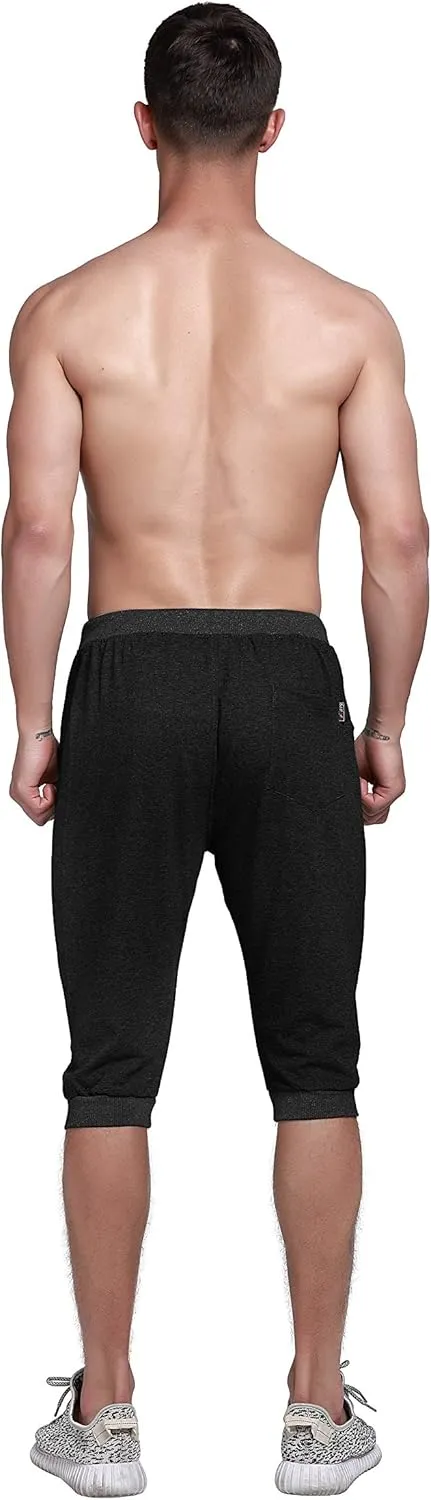 YSENTO Men's Cotton Casual 3/4 Jogger Running Capri Pants Below Knee Gym Workout Shorts Zipper Pockets