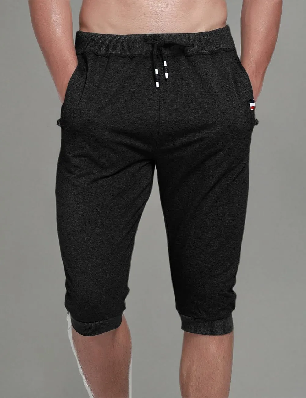 YSENTO Men's Cotton Casual 3/4 Jogger Running Capri Pants Below Knee Gym Workout Shorts Zipper Pockets
