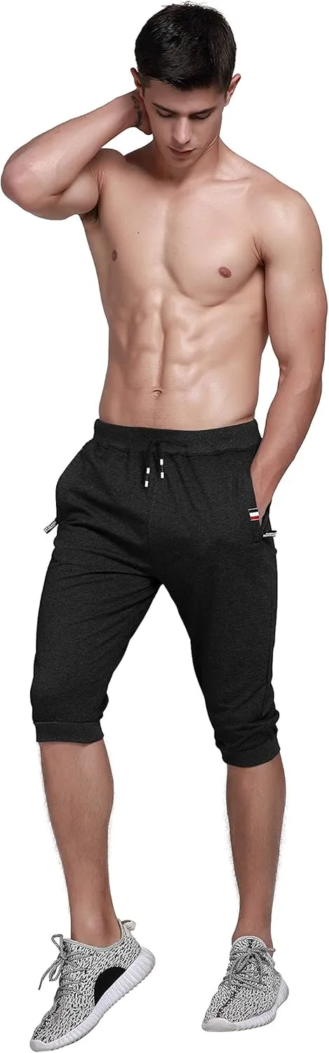 YSENTO Men's Cotton Casual 3/4 Jogger Running Capri Pants Below Knee Gym Workout Shorts Zipper Pockets