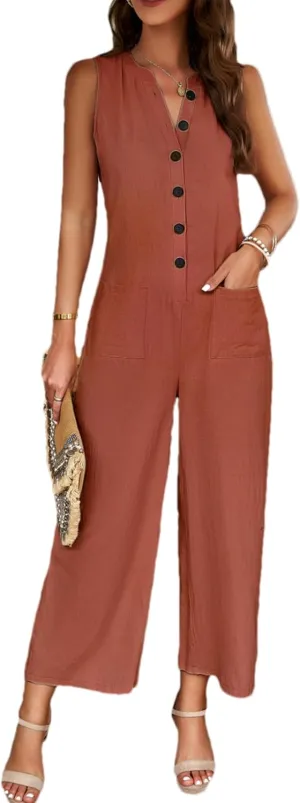 Zontroldy Women's Summer Linen Button Up Jumpsuits Dressy Casual Sleeveless Wide Leg Pants Rompers
