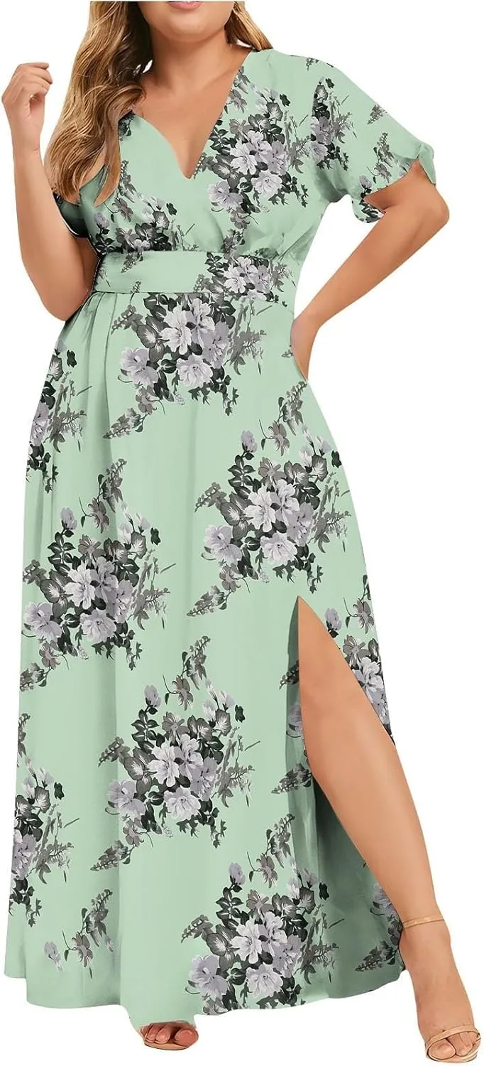 ZYXTIM Oversize Floral Casual Dress for Women Plus Size Deep V Neck High Split Maxi Dresses Wedding Guest Vacation Outfits