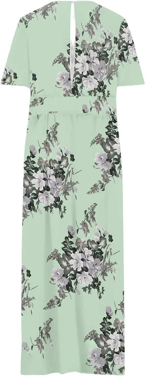 ZYXTIM Oversize Floral Casual Dress for Women Plus Size Deep V Neck High Split Maxi Dresses Wedding Guest Vacation Outfits