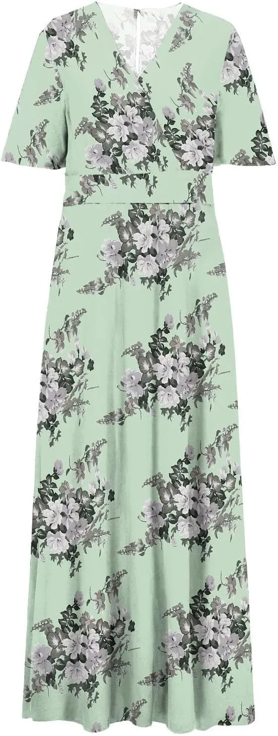 ZYXTIM Oversize Floral Casual Dress for Women Plus Size Deep V Neck High Split Maxi Dresses Wedding Guest Vacation Outfits