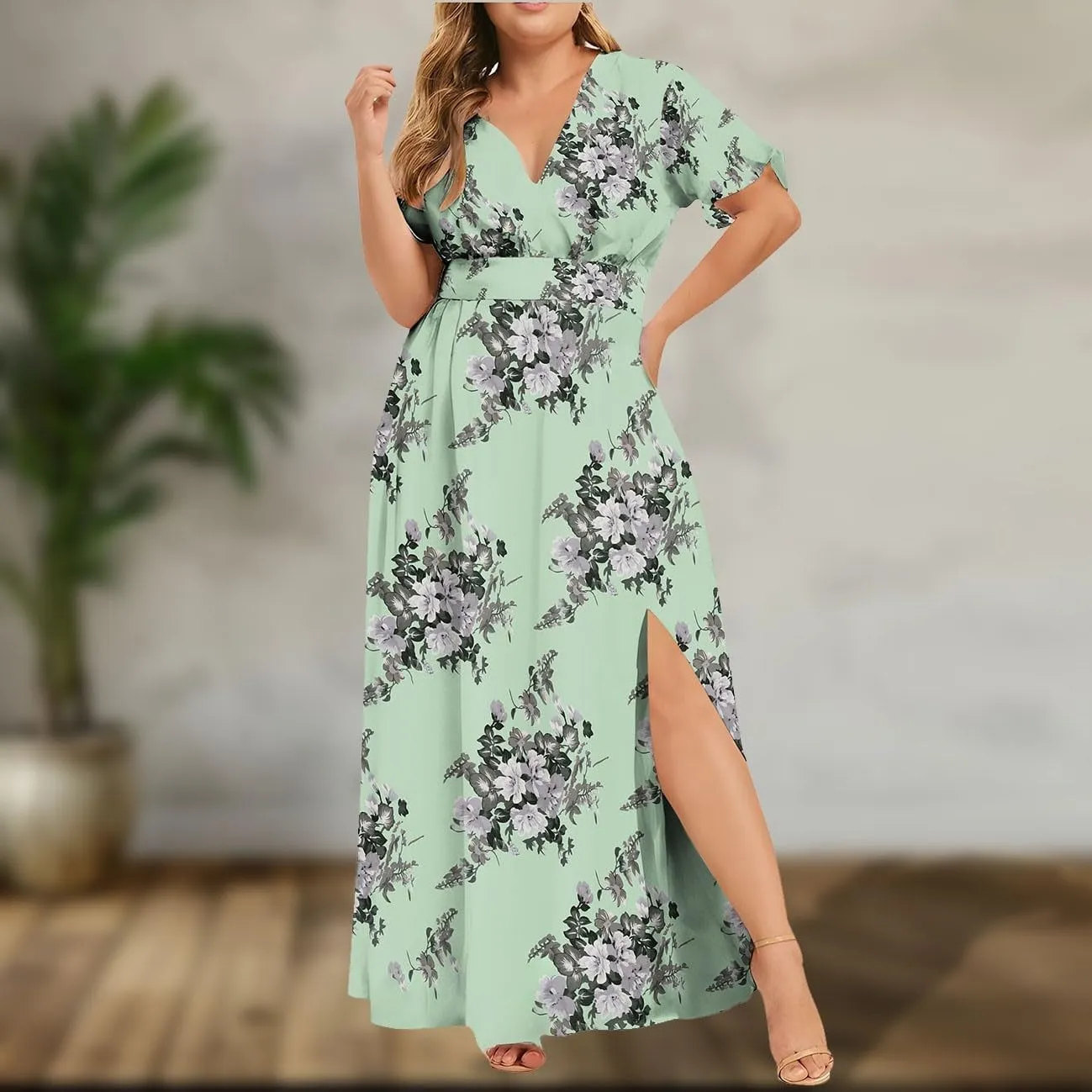 ZYXTIM Oversize Floral Casual Dress for Women Plus Size Deep V Neck High Split Maxi Dresses Wedding Guest Vacation Outfits