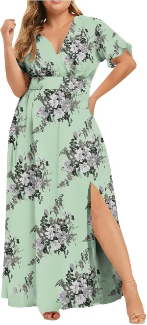 ZYXTIM Oversize Floral Casual Dress for Women Plus Size Deep V Neck High Split Maxi Dresses Wedding Guest Vacation Outfits