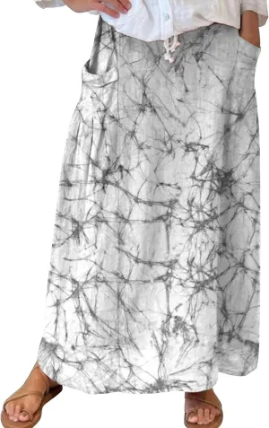 ZYXTIM Womens Vintage Linen Skirt Floral Printed Elastic Waist Loose Fit Maxi Retro Vogue Casual Skirts with Pocket Plus Size